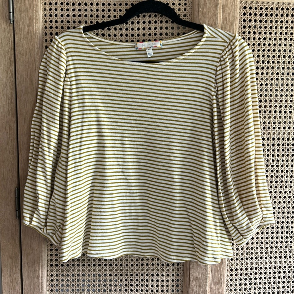 Anthropologie Eri + Ali White and Yellow Striped Women's Jersey Top XSmall